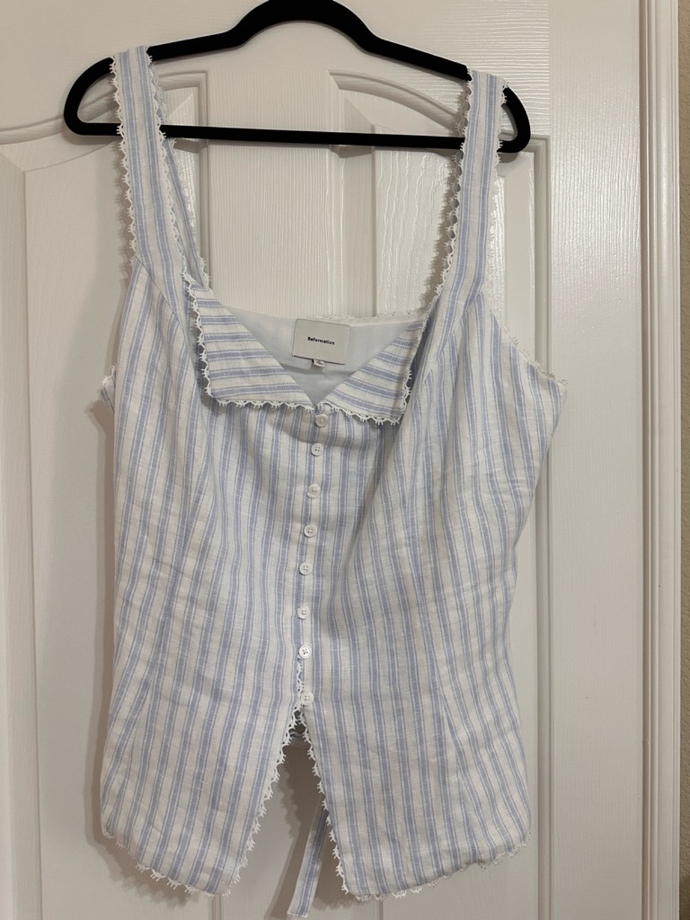 Reformation Viola Linen Top in Swan Stripe, size 16